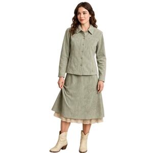 Terry Lewis Sage All Leather Floral Embroidery    suede Jacket and skirt 1X